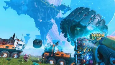 No Man's Sky scene with vehicles, floating islands, and a large, glowing structure.