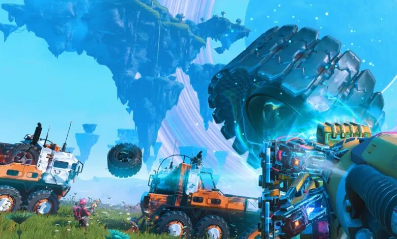 No Man's Sky scene with vehicles, floating islands, and a large, glowing structure.