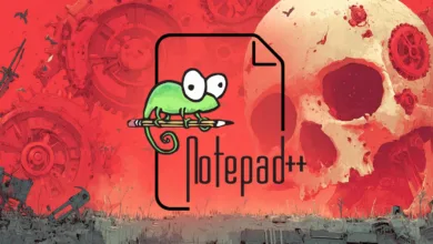 Notepad++ logo featuring a chameleon on a pencil, set against a red, dystopian background.