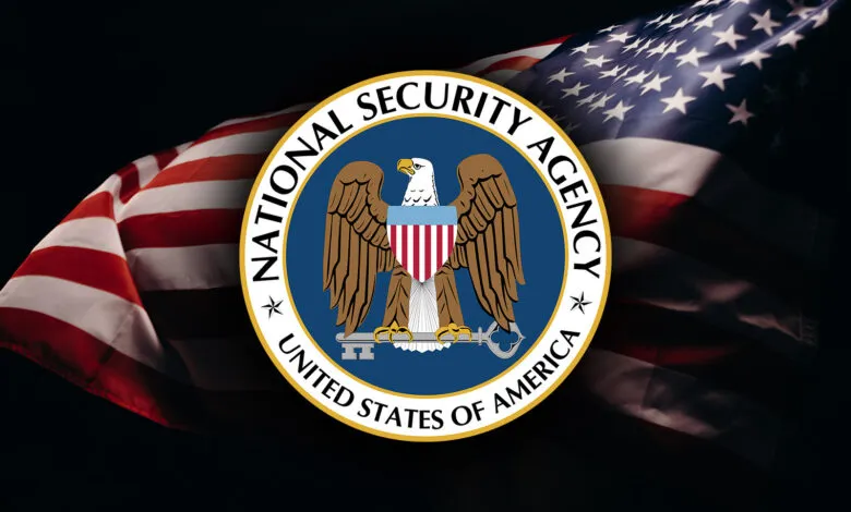 National Security Agency seal with eagle and American flag backdrop.