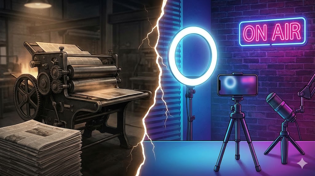 Split image: vintage printing press and modern podcasting setup with 'ON AIR' sign.