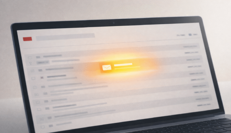 Laptop screen showing an email inbox with one highlighted message.