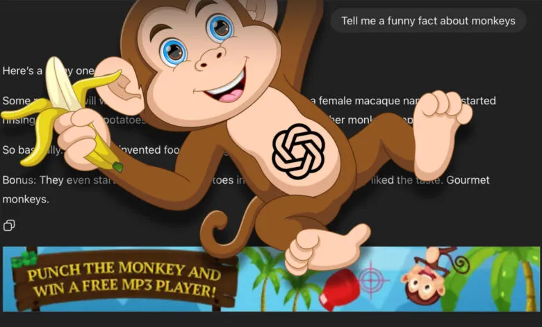 Cartoon monkey with OpenAI logo, holding banana, with text about monkey facts.
