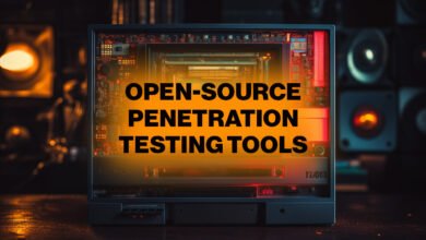 Retro computer screen displaying 'Open-Source Penetration Testing Tools'.