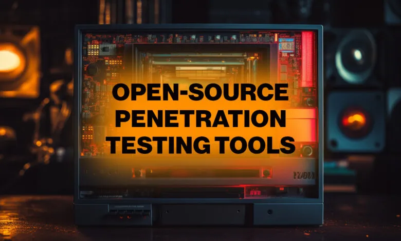 Retro computer screen displaying 'Open-Source Penetration Testing Tools'.