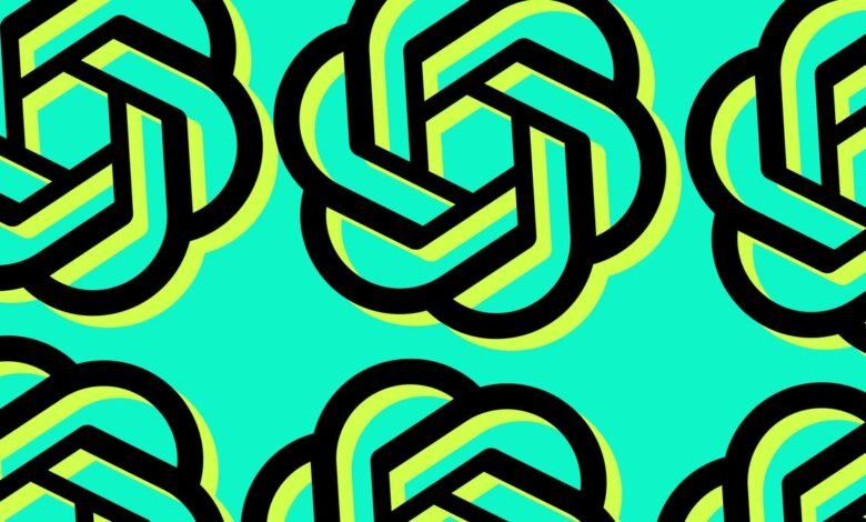 Repetitive pattern of the OpenAI logo in black, yellow, and teal.