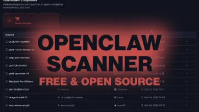 OpenClaw endpoint dashboard showing detected threats and device information.