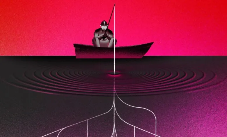 Figure in boat fishing above network of lines in dark water.