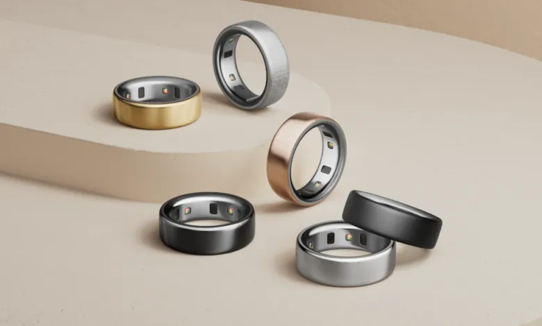 Oura Ring collection in gold, silver, black, and rose gold on a neutral surface.