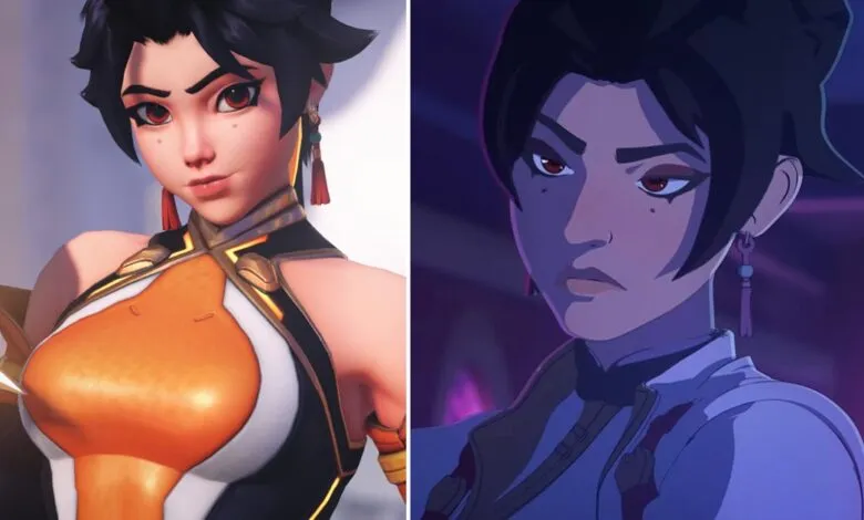 Split image shows Kiriko from Overwatch in-game and animated cinematic versions.