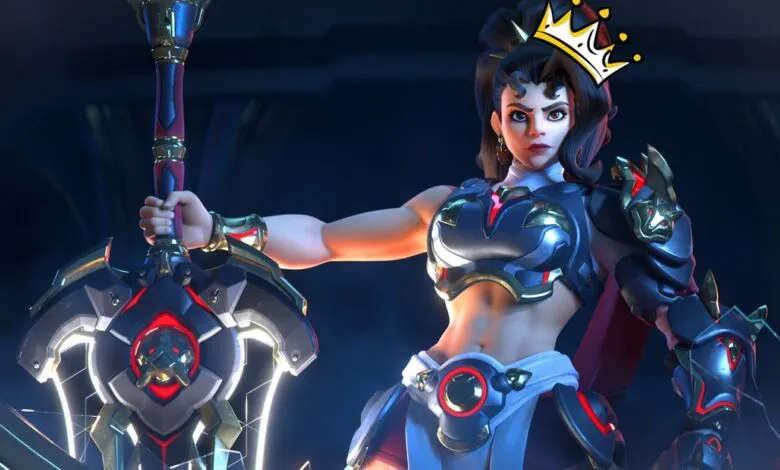Overwatch's Brigitte stands powerfully with her mace, wearing a crown.