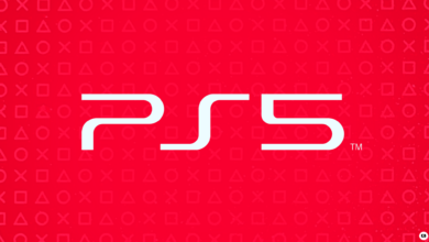 PlayStation 5 logo in white on a red background with shapes.