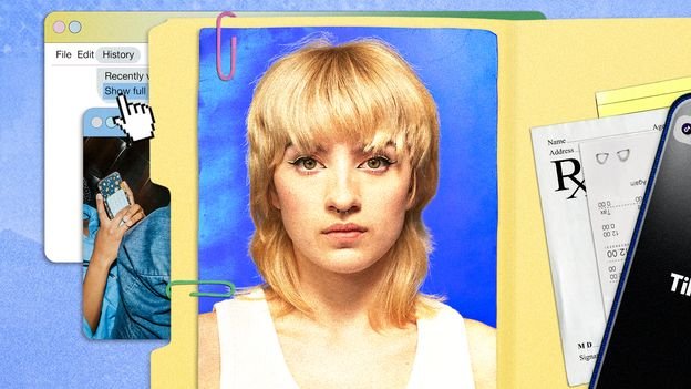 Collage featuring a woman's portrait, digital windows, and a prescription form.