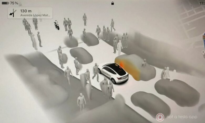Tesla screen showing parking assist with pedestrians and obstacles detected.