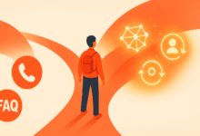 Person with backpack at crossroads, choosing between FAQ and new tech.