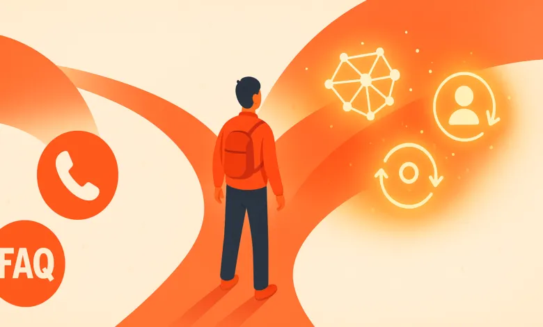 Person with backpack at crossroads, choosing between FAQ and new tech.