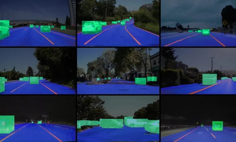 Nine images showing cars on roads with green bounding boxes and blue/orange overlays.