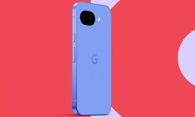 Periwinkle Google Pixel phone with dual camera on a colorful background.