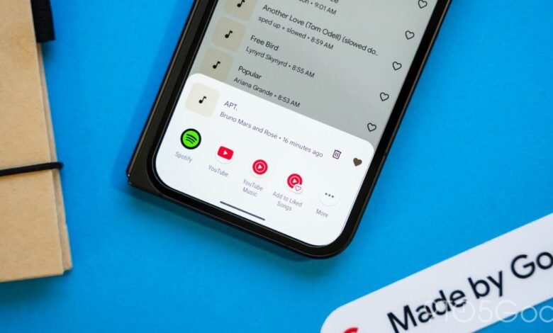 Phone screen showing music options: Spotify, YouTube, YouTube Music.