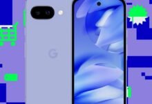 Google Pixel phone in lavender color with shopping icons background.