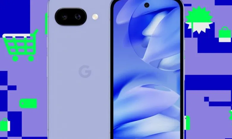 Google Pixel phone in lavender color with shopping icons background.