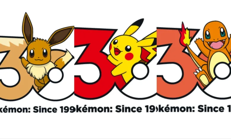 Pokemon 30th anniversary logo with Eevee, Pikachu, and Charmander.