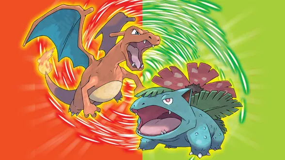Charizard and Venusaur Pokémon face off against a red and green background.