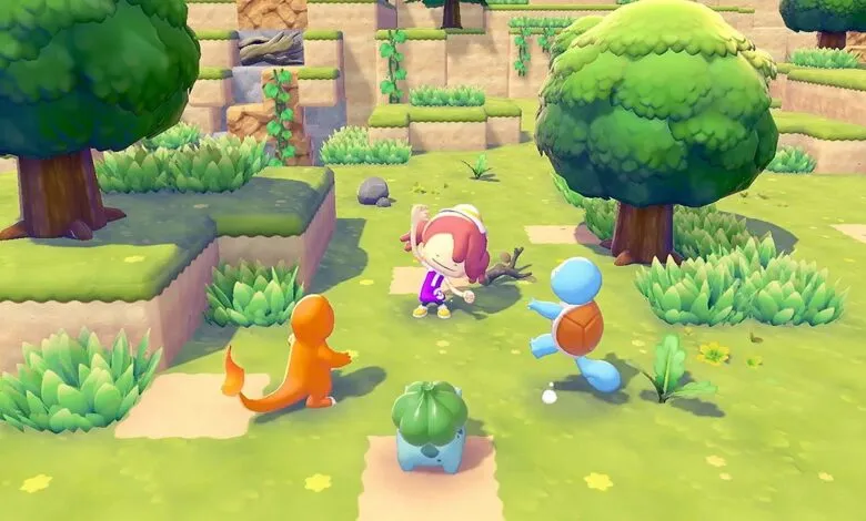 A person surrounded by Charmander, Bulbasaur, and Squirtle in a grassy, blocky landscape.