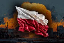 Polish flag waving against a war-torn city backdrop with explosions.