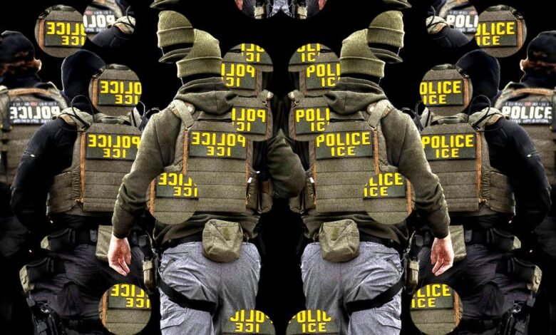 Mirrored image of ICE officers in tactical gear with 'POLICE ICE' patches.