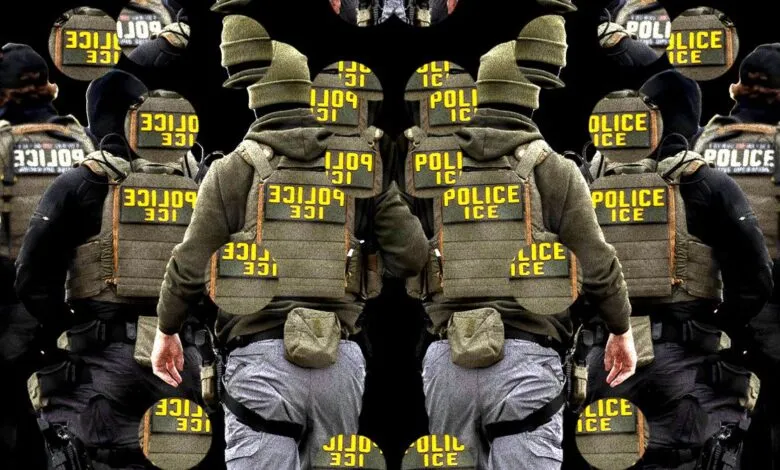 Mirrored image of ICE officers in tactical gear with 'POLICE ICE' patches.