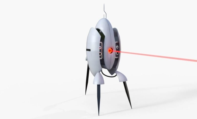 Portal Sentry Turret with red laser beam on white background.