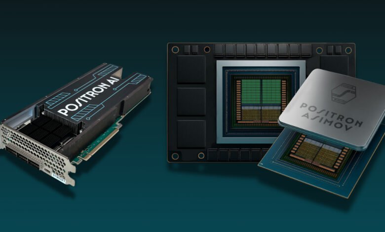 Positron AI accelerator card and Asimov chip on a dark teal background.
