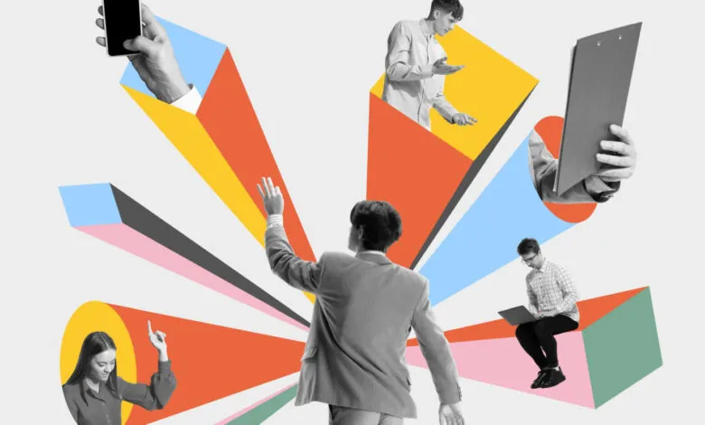 Collage of people using technology with colorful geometric shapes.