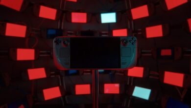 Steam Deck handheld console on display surrounded by glowing screens.