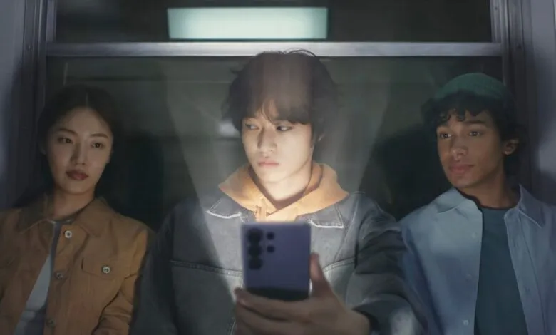 Three people on a train, one using a phone with a privacy screen.