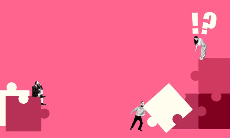 People interact with puzzle pieces on a pink background, symbolizing problem-solving.