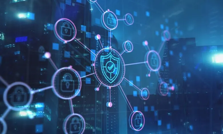 Cybersecurity network with lock icons and shield over city background.