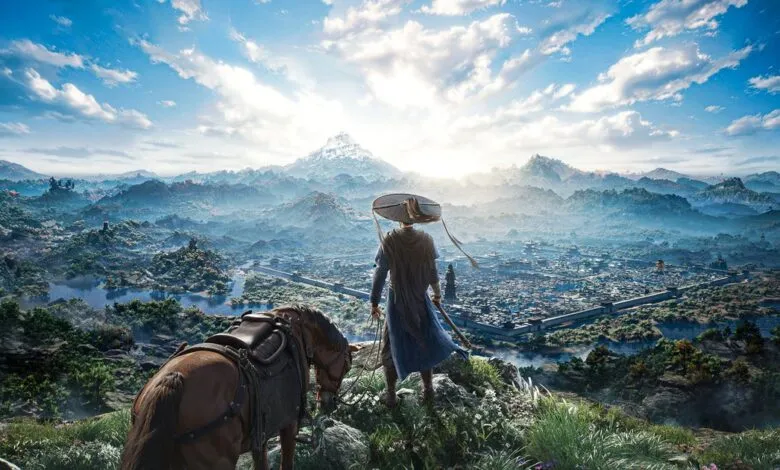 Character with horse overlooks a vast, detailed city and mountain range.