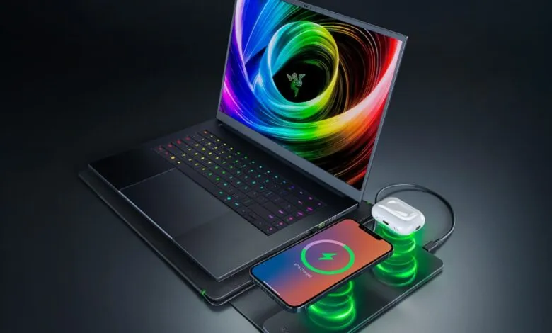 Razer laptop, phone, and earbuds charging wirelessly on a dark surface.