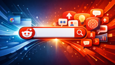 Reddit search bar with Google and various social media icons.