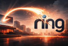 Ring logo breaking apart with light streak in urban setting.