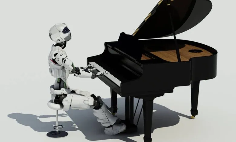 A white robot sits at a grand piano, poised to play a song.