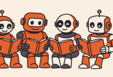 Four cartoon robots are sitting and reading books together, smiling.