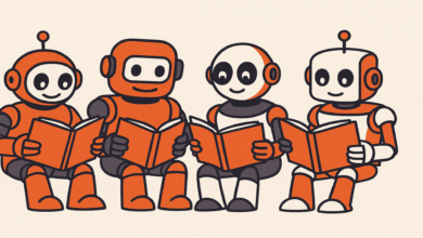 Four cartoon robots are sitting and reading books together, smiling.