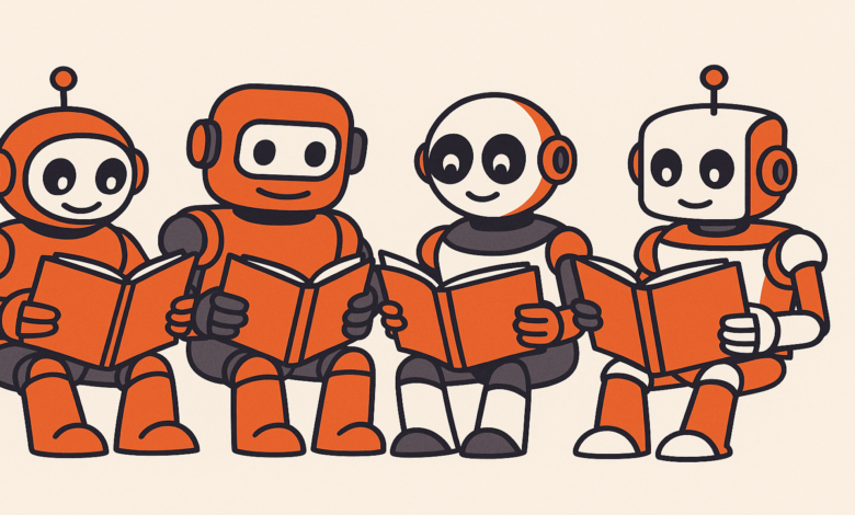 Four cartoon robots are sitting and reading books together, smiling.