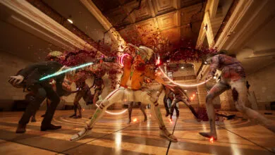 Character surrounded by zombies with blood splatter in ornate hall.