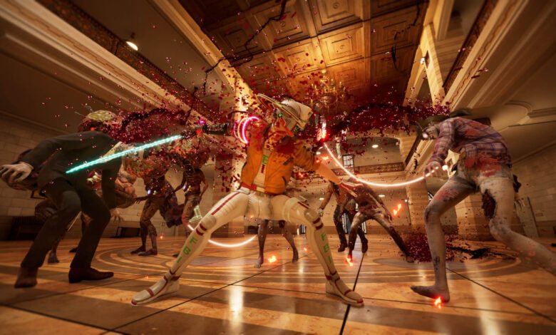 Character surrounded by zombies with blood splatter in ornate hall.