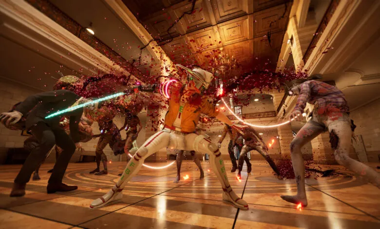 Character surrounded by zombies with blood splatter in ornate hall.