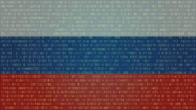 Russian flag made of binary code, symbolizing cyber warfare.